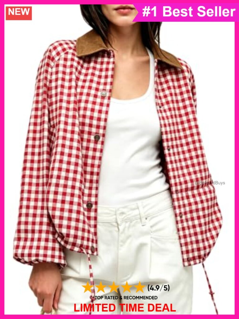 Women's Gingham Plaid Cropped Button Jacket Contrast Collar Drawstring Hem